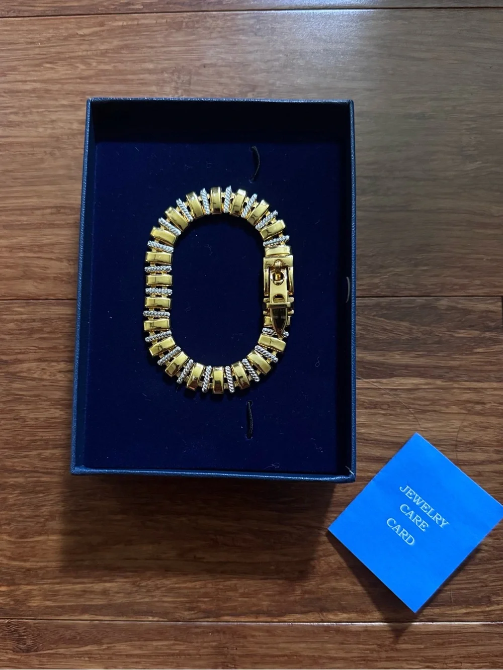 NIB Vintage Art Deco Gold Silver Two-Tone Metal Buckle Roped Bar Link Bracelet